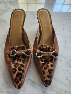 Unisa Brown Leopard Leather Slide Mules with top cow hide, silver buckle.